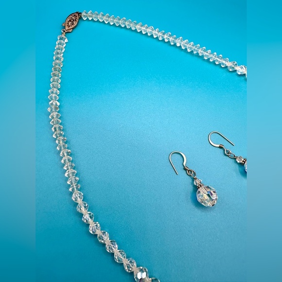 Vintage 1950s Aurora Borealis Faceted Bead Necklace Pierced Earring Set - Picture 6 of 12